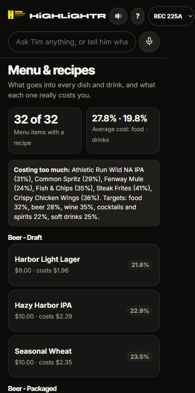 app screenshot, menu, recipes, plate costs